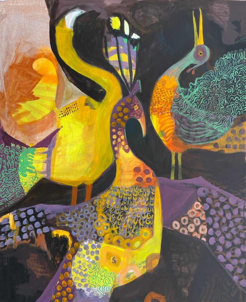 Drei Vögel - gelb, Acryl auf Leinwand, 110 x 90 cm, 2024