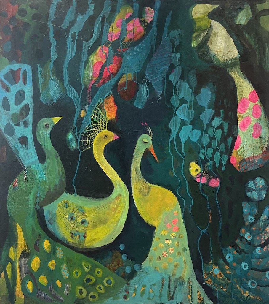 Grün-gelbes Gemälde mit vier Vögeln in dschungelartiger Umgebung, Titel: "Stille Gemeinschaft", Acryl auf Leinwand, 90 x 80 cm, 2024