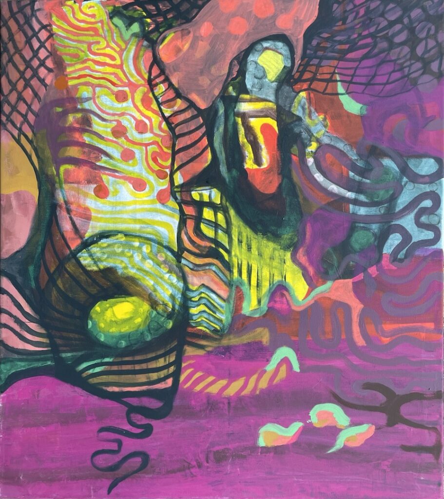 Gemälde von Petra Gieffers, Surreale Unterwasserlandschaft einem Fisch und einer puppenähnlichen Gestalt im Netz, Acryl auf Leinwand
